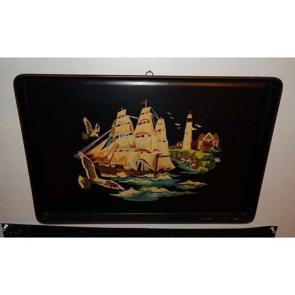 Tin Tray Sailing Ship Lighthouse Hand Painted Black Vintage Tole Style Rectangle - Picture 1 of 11